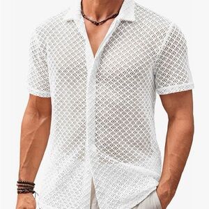 Men's Casual White Mesh Button Down Shirt